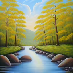 a painting on canvas of a river running through a forest,this is a painting of the stream in front of some trees,painting of a river, mountain landscape with rocks and grass, trees and sky,a painting of a river flowing through a green forest,painting of a stream flowing between trees, surrounded by grass