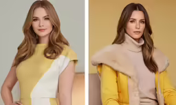 two women pose for a photo in different colors