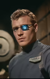 a man wearing a blue sci - fime outfit with reflective glasses