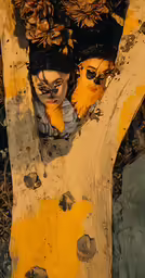 the wooden statue is carved with wood and has a large face