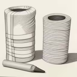 pencil drawing of rolls of toilet paper, and a sharpener,two rolls of paper sit on a table with a pencil