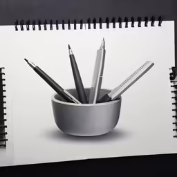a drawing of some pens and a pencil in a cup