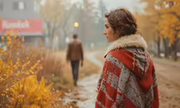 a woman with a red jacket and plaid scarf on