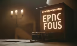 a wooden table topped with a lit sign next to two small cameras
