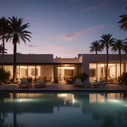 a pool in front of a house with lights on at night