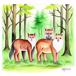 an art print of three foxes in a forest,three foxes in the woods on a painting by milletreee,three kits of red foxes in the woods,three red foxes are standing in a wooded area,three foxes in the woods and some trees