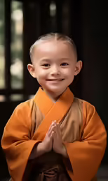 a young boy with folded hands and a smiling face