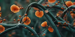 close up of an orange flower on a green branch