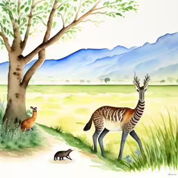 the gazelle and other wildlife are by a tree,an animal is standing on the side of the road