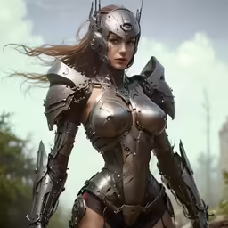 a woman wearing armor in a green setting