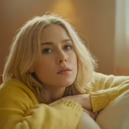 a woman with blonde hair looks intently into the distance