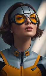 woman in futuristic gargoyles with yellow glasses