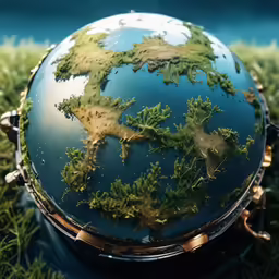 a sphere with moss in it sitting in some green grass
