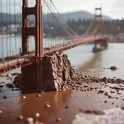 the view of the bridge from a rocky shore