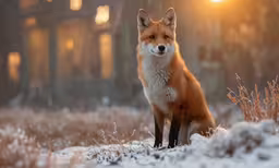 a red fox sitting in front of a house on a snowy day