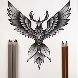 an animal is drawn in ink with pencils on a sheet