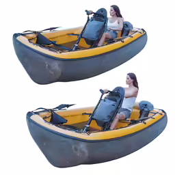 two women are sitting in a raft that is shaped like a boat