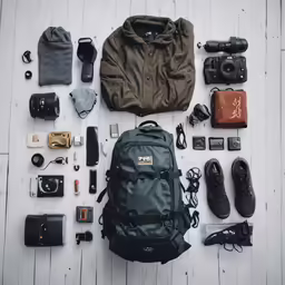 a backpack that has some different items surrounding it