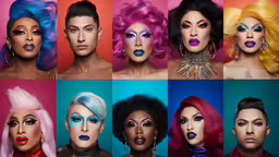 six different faces with different colored hair,multiple different types of drag dolls are pictured