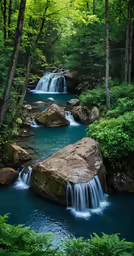 some blue water some rocks plants and trees