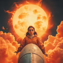 the poster has a girl standing on top of a large metal object