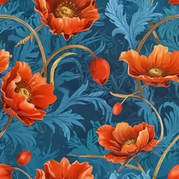 an orange flowered wallpaper with blue and gold swirls