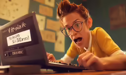a boy in glasses is typing on a keyboard