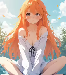 a woman with red hair sitting on top of a ground
