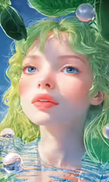 a very cute lady with green hair and pearls on her head