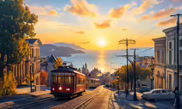 a red trolley car going down a city street during the sunset