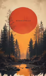 a poster depicting the sun over a river in front of trees