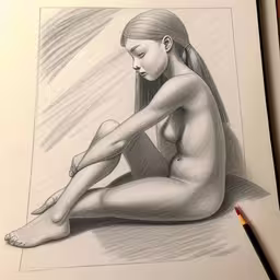 drawing of a nude woman, pencil on paper,a drawing of a naked woman with long hair
