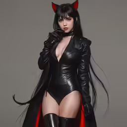 a woman in a devil costume and black leather boots
