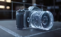 a glass camera is laying on a metal table
