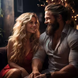 a man and woman sitting together smiling at each other,a man and woman sitting side by side looking at each other