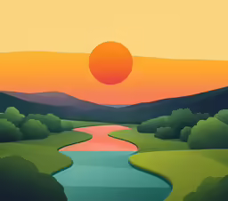 a river is flowing in front of the sun and mountain