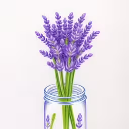 an image of a painting of lavender flowers in a jar,a painting of purple flowers in a jar,purple flowers in a mason jar with watercol paints,the drawing shows a lavender plant in a glass jar,a glass jar that has some kind of plant in it
