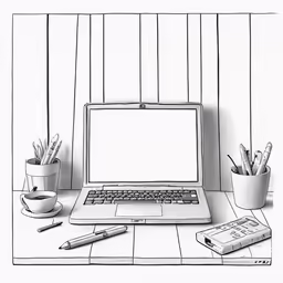 a black and white drawing of a desk with pencils, pens and laptop
