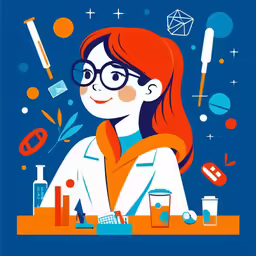 a poster of a female scientist, with a lot of science supplies on her desk