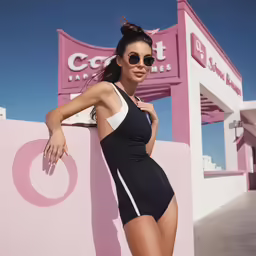 a woman in a black and white bathing suit poses near a sign