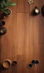 wooden floor with cups and spoons on top of it