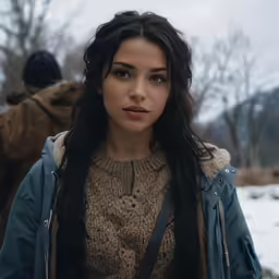 young woman in front of horse at snowy terrain
