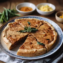 a pie with some green garnish is on a plate