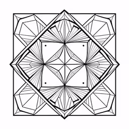 geometric black and white print with diamonds, lines, and a circle,a drawing with lines in it of a geometric design