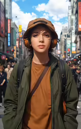 a young boy with headphones stands in the middle of a busy street