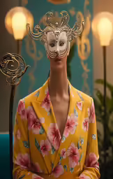 the woman is wearing an elaborate mask