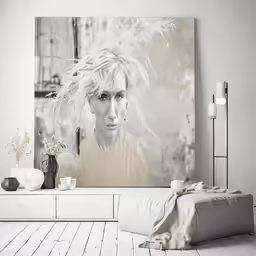 a man with blond hair standing next to a painting