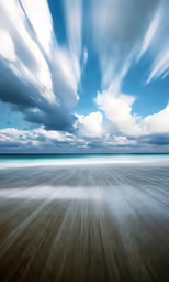 a beach with the sky and clouds painted white