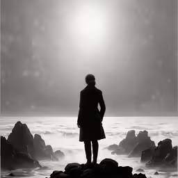 the woman is looking at the sea from rocks