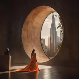 an abstract photograph of a woman in a long orange dress looking at a skyscraper